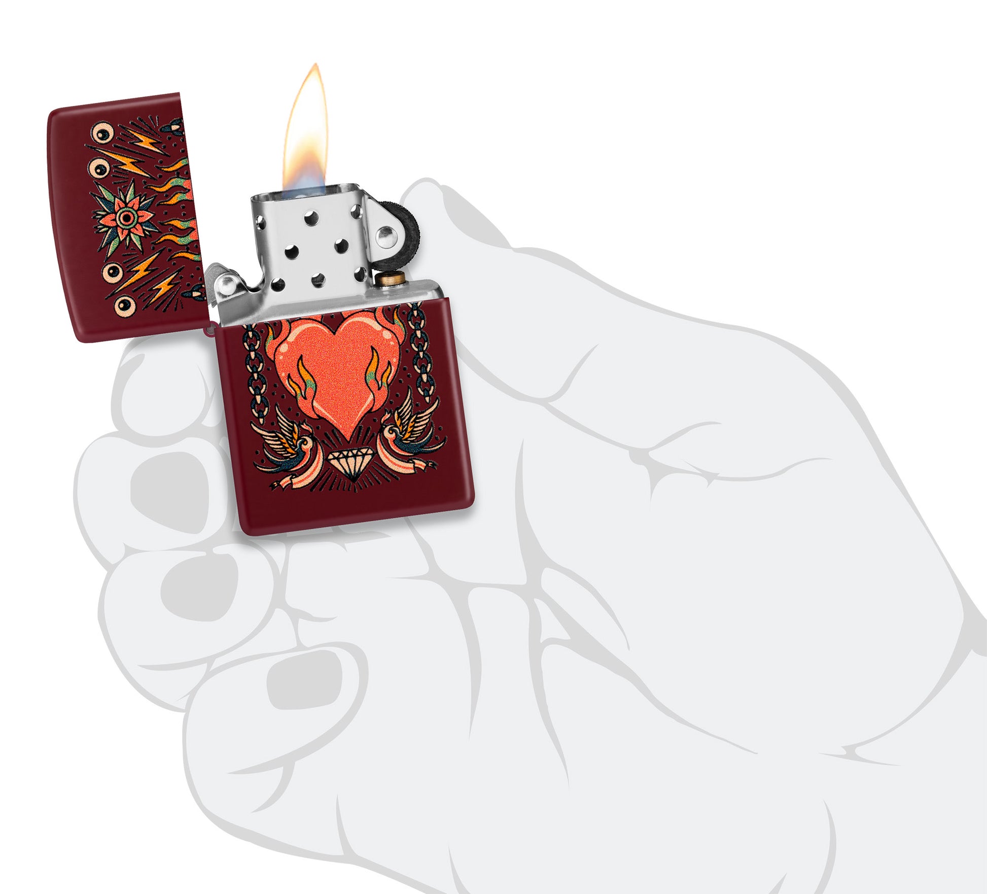 Zippo Tattoo Heart Design Merlot Windproof Lighter lit in hand.