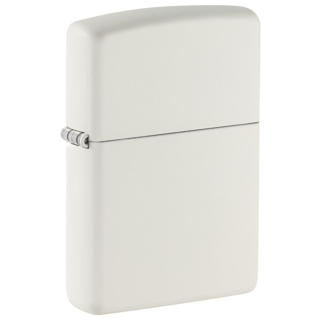 Front shot of Classic White Matte Windproof Lighter standing at a 3/4 angle.