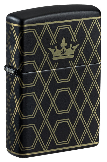 Front shot of Zippo Queen Of Bud Geometric Design Black Matte Windproof Lighter standing at a 3/4 angle.