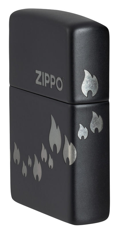 Angled shot of Zippo Design Black Matte with Chrome Windproof Lighter showing the front and right side of the lighter.