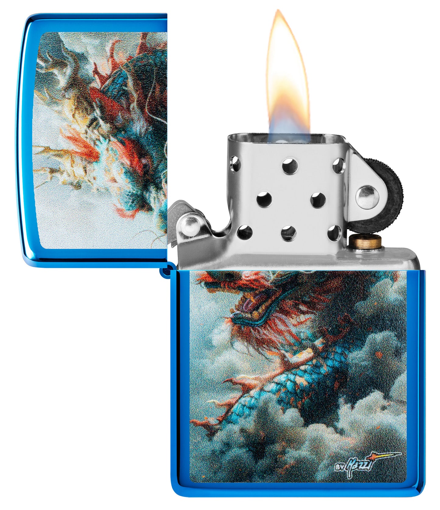 Zippo Mazzi® Dragon Design High Polish Blue Windproof Lighter with its lid open and lit.