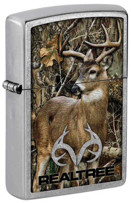 Front shot of Zippo Realtree® Buck Design Street Chrome Windproof Lighter standing at a 3/4 angle.