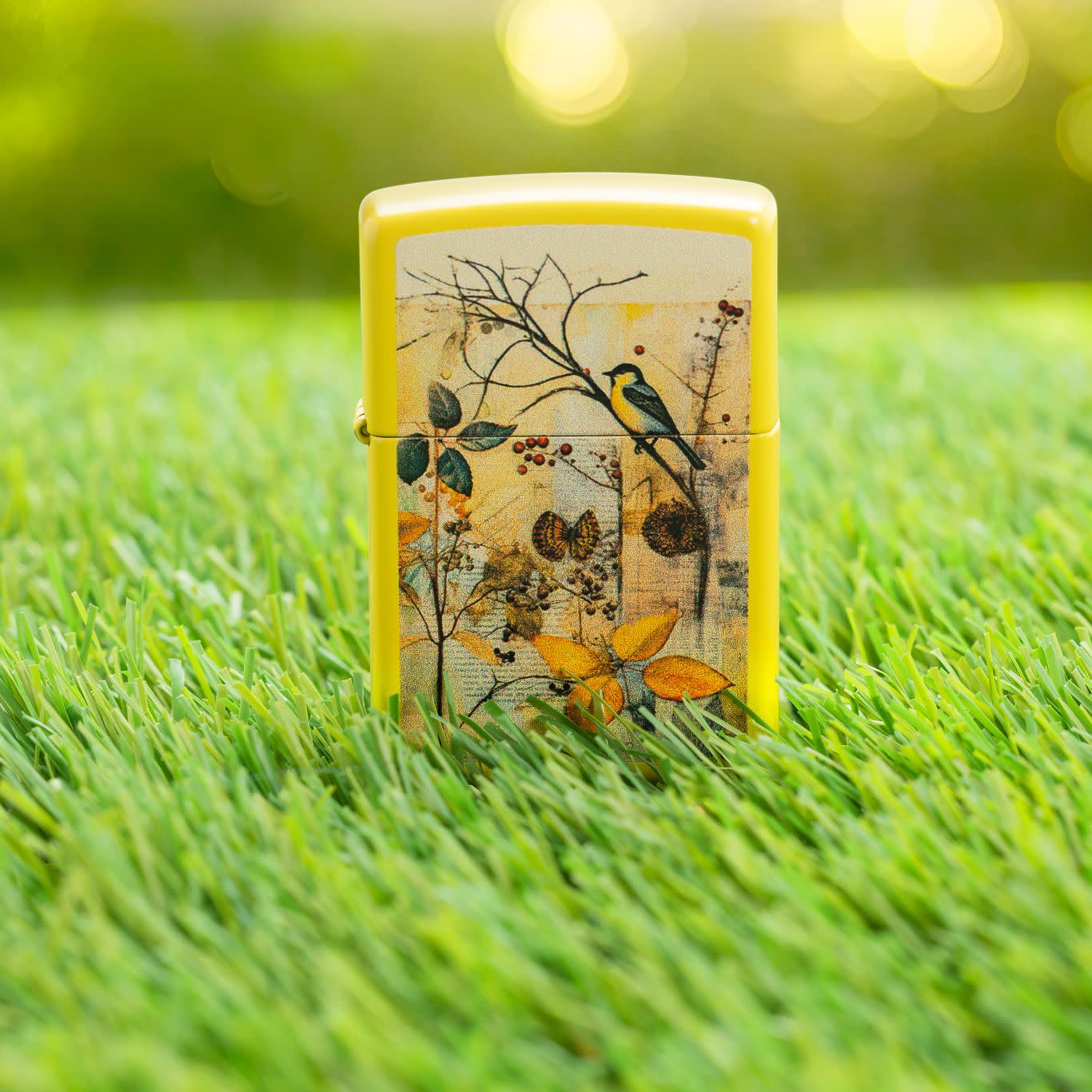 Lifestyle image of Zippo Scrapbook Bird Design Sunflower Windproof Lighter standing on a patch of bright green grass.