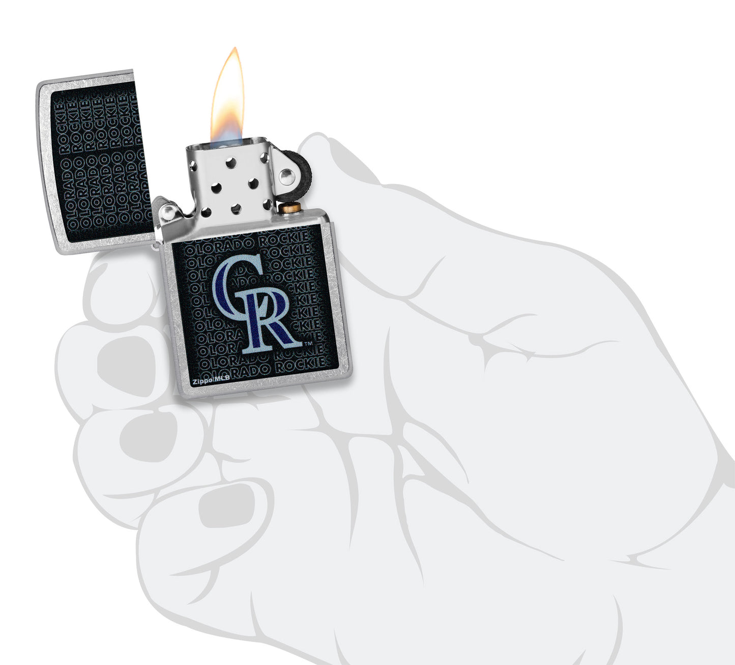 Zippo MLB® Colorado Rockies Street Chrome Windproof Lighter lit in hand.