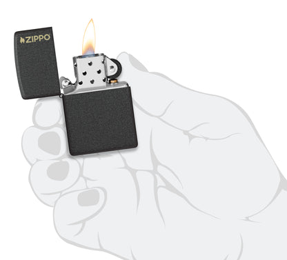 Zippo Classic Black Crackle® Zippo Logo Windproof Lighter lit in hand.