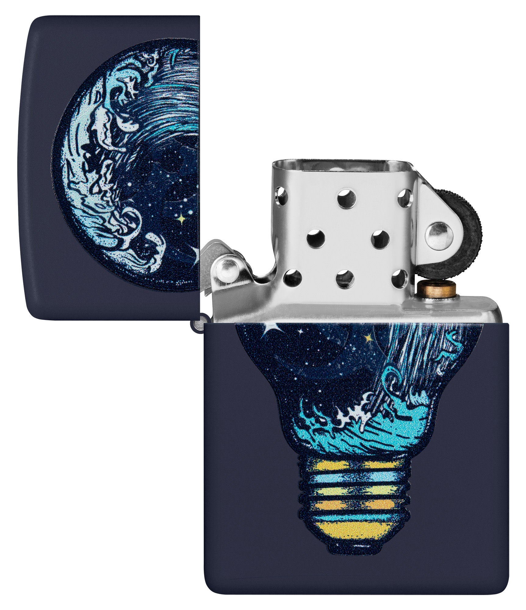 Zippo Black Light Toxic Waves Design Navy Matte Windproof Lighter with its lid open and unlit.