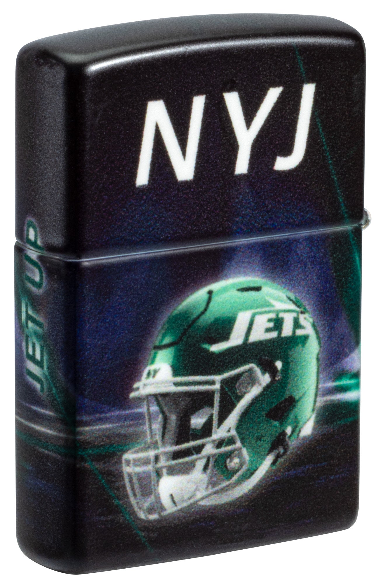 Back shot of Zippo NFL New York Jets 540 Matte Windproof Lighter standing at a 3/4 angle.