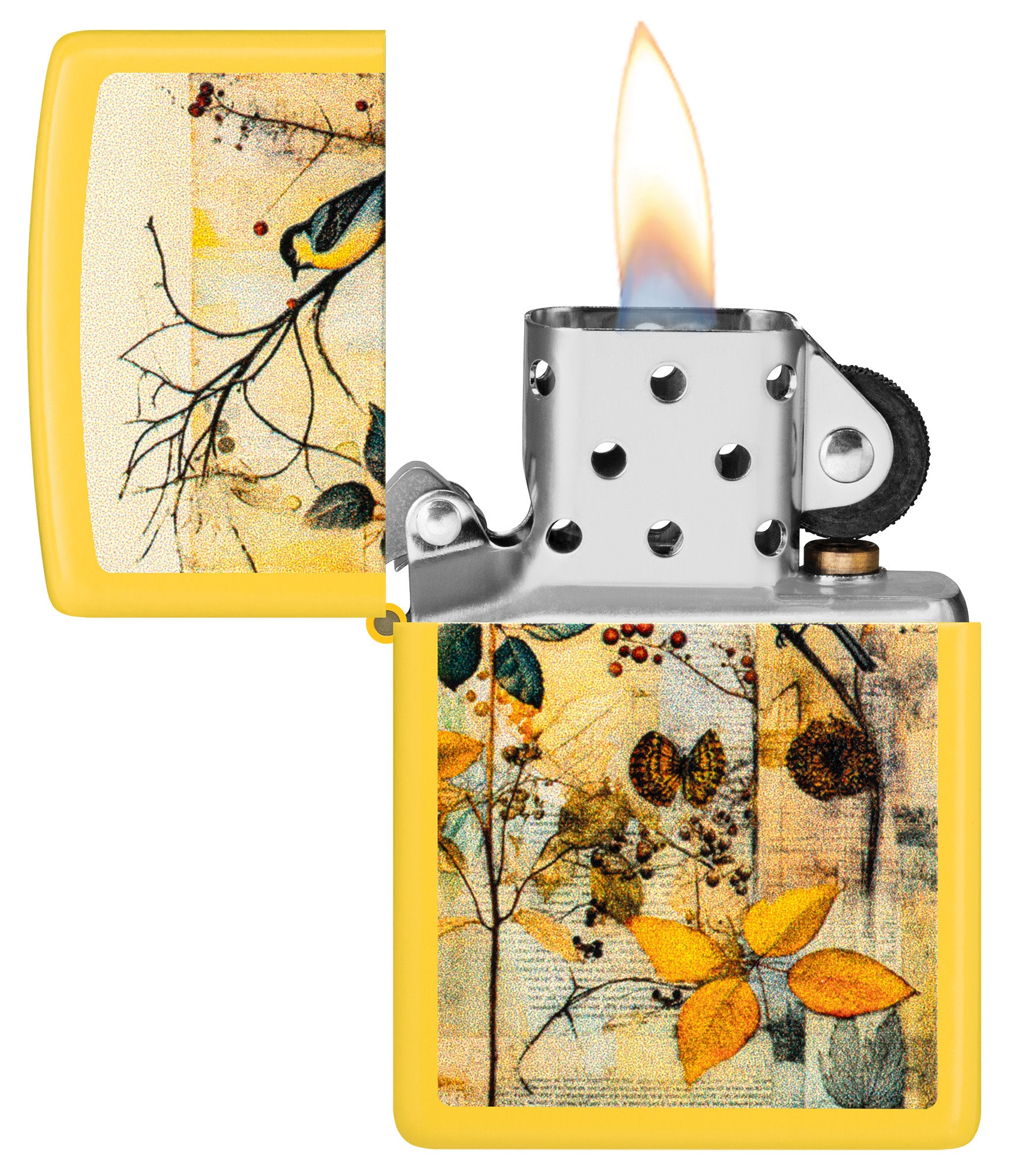 Zippo Scrapbook Bird Design Sunflower Windproof Lighter with its lid open and lit.