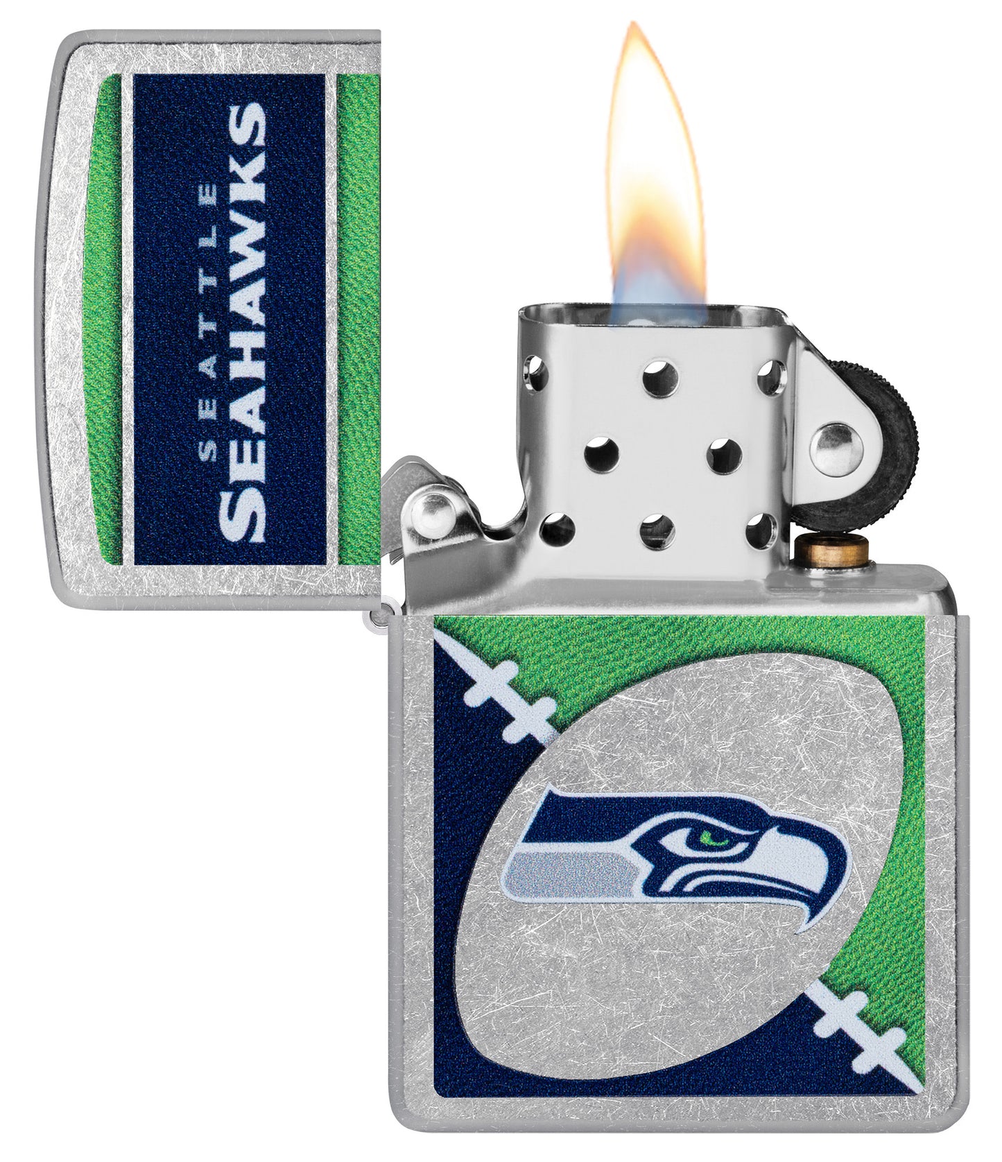 Zippo NFL Seattle Seahawks Street Chrome Windproof Lighter with its lid open and lit.