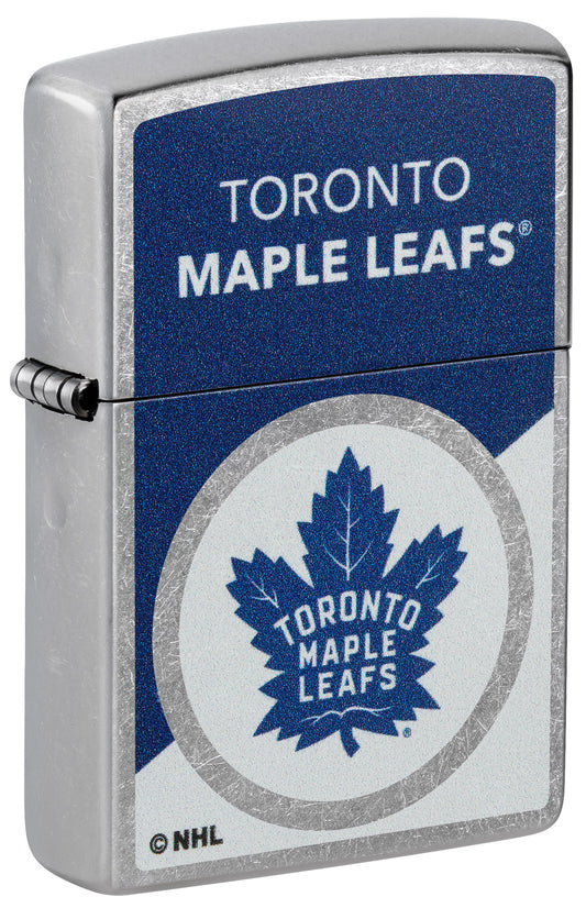 Front shot of Zippo NHL® Toronto Maple Leafs® 2024 Street Chrome™ Windproof Lighter standing at a 3/4 angle.