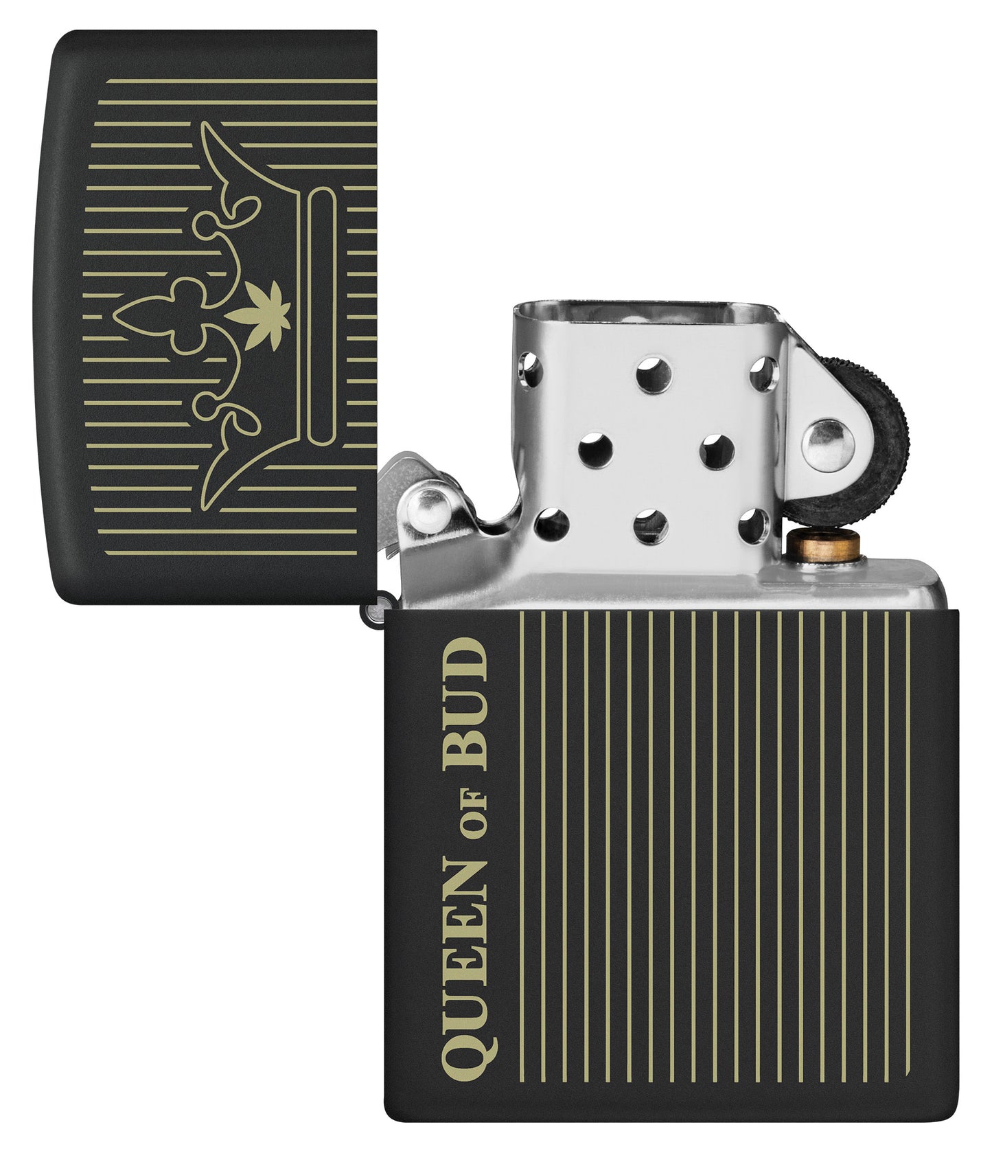 Zippo Queen Of Bud Line Design Black Matte Windproof Lighter with its lid open and unlit.