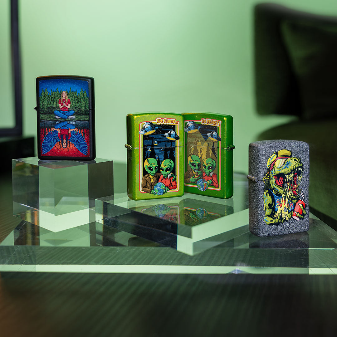 Collection of colorful lighters on a reflective surface with a green background