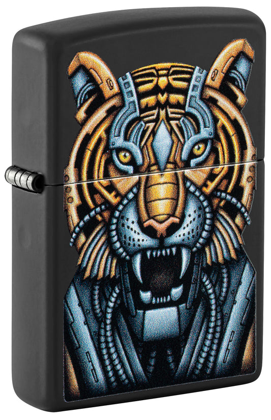 Front shot of Zippo Bionic Tiger Design Black Matte Windproof Lighter standing at a 3/4 angle.