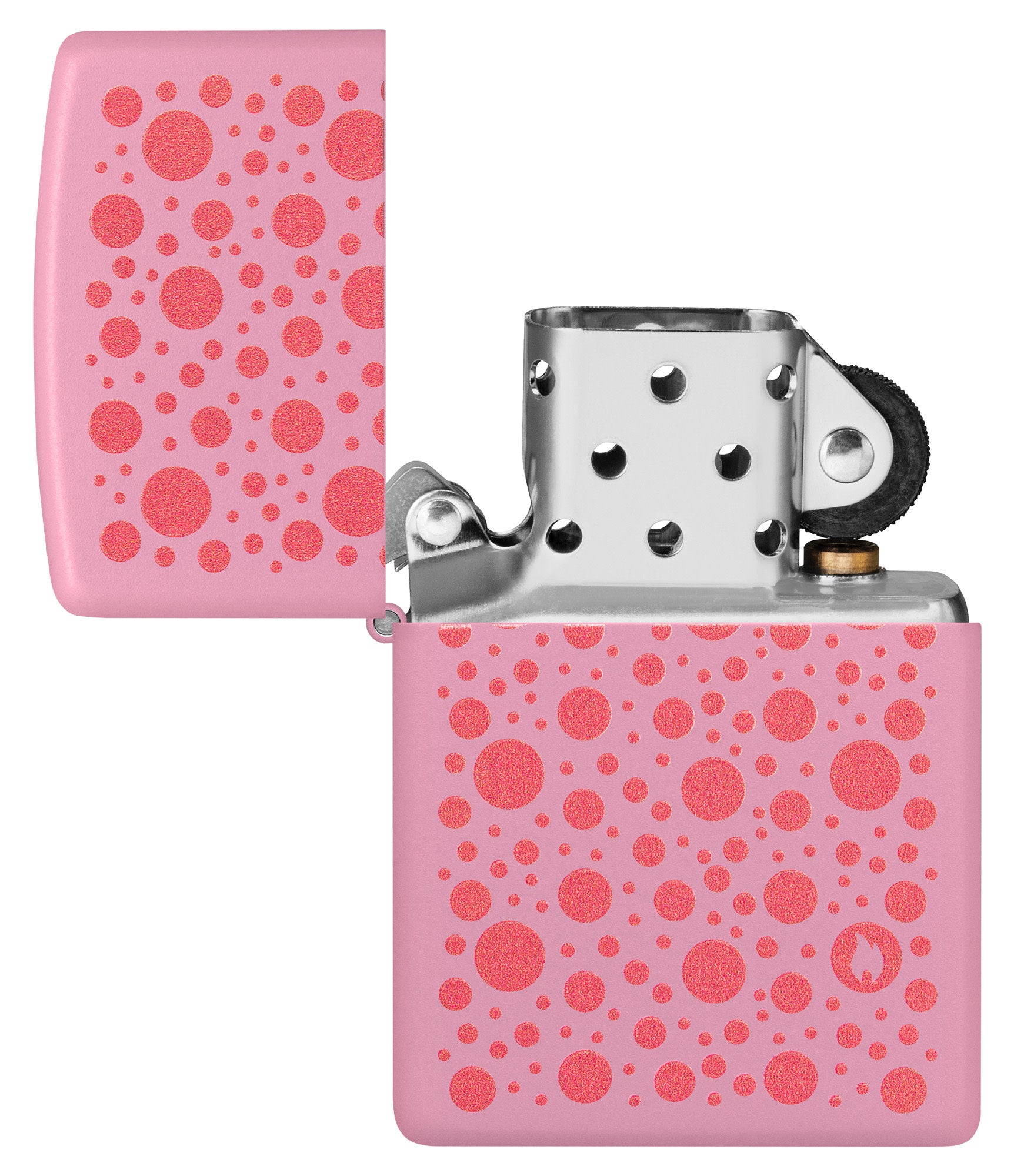 Zippo Polka Dot Design Pink Matte Windproof Lighter with its lid open and unlit.