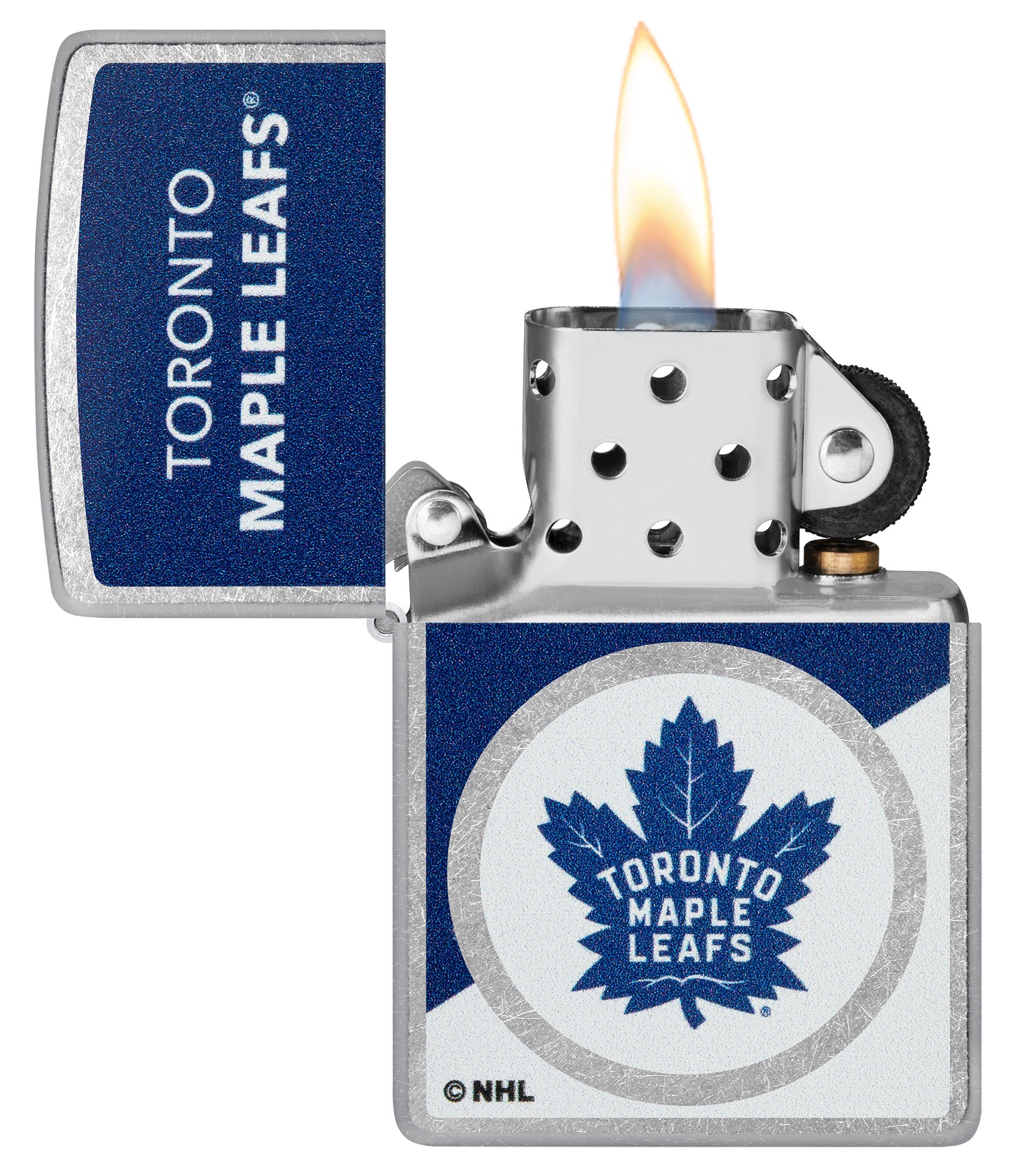 Zippo NHL® Toronto Maple Leafs® 2024 Street Chrome™ Windproof Lighter with its lid open and unlit.