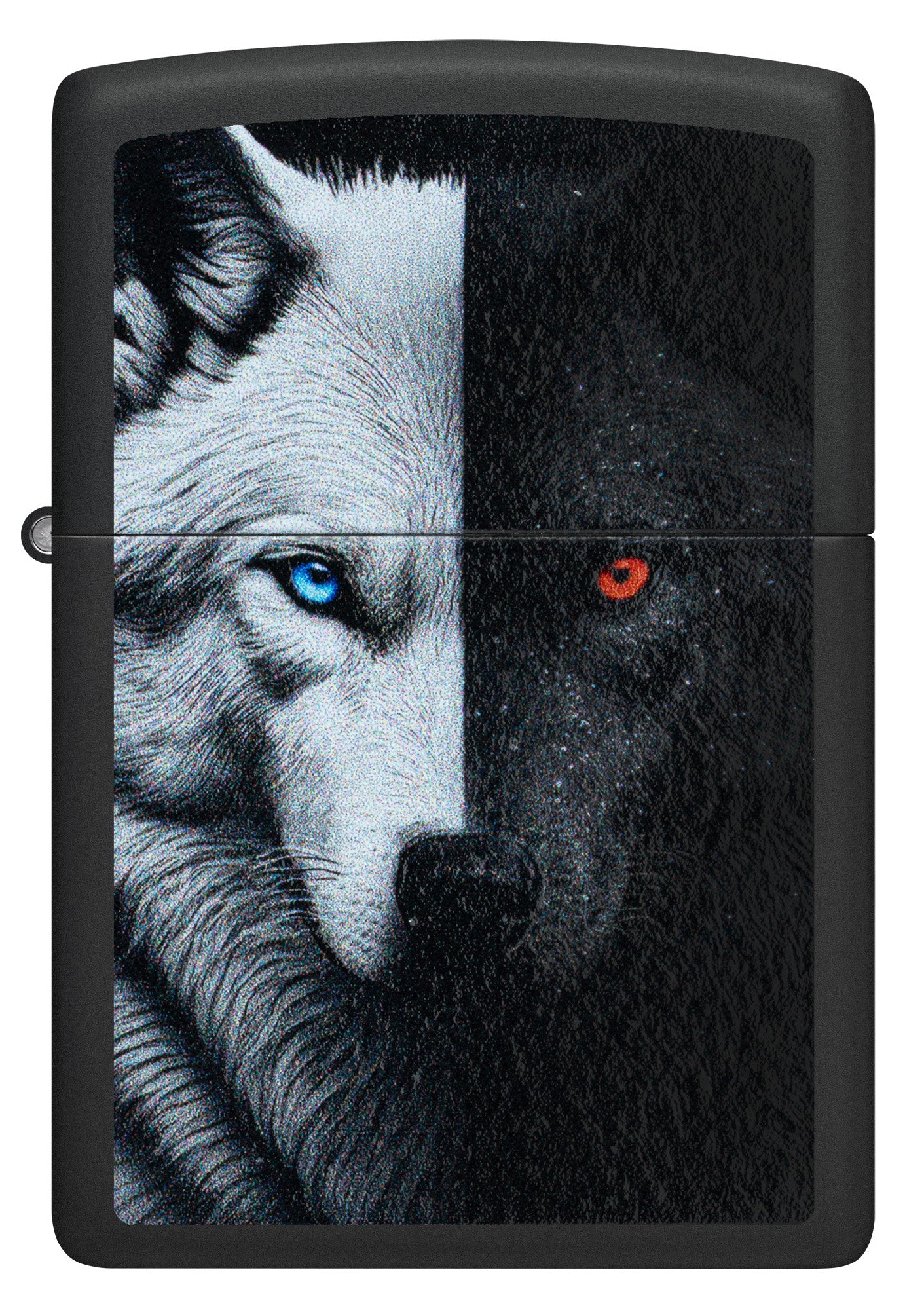 Front view of Zippo Two Wolves Design Black Matte Windproof Lighter.