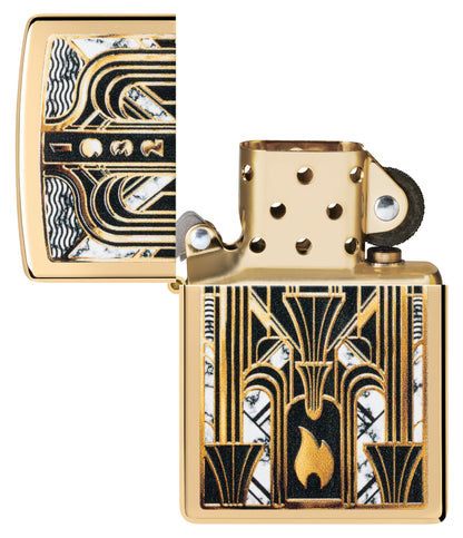 Zippo Art Deco Flame Design High Polish Brass Windproof Lighter with its lid open and unlit.