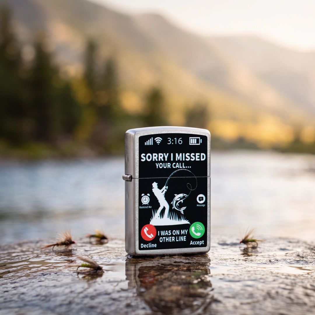 Lifestyle image of Zippo Other Line Design Street Chrome Windproof Lighter standing in a creek showing the front and hinge side of the lighter with an out of focus scenic wilderness background. 

