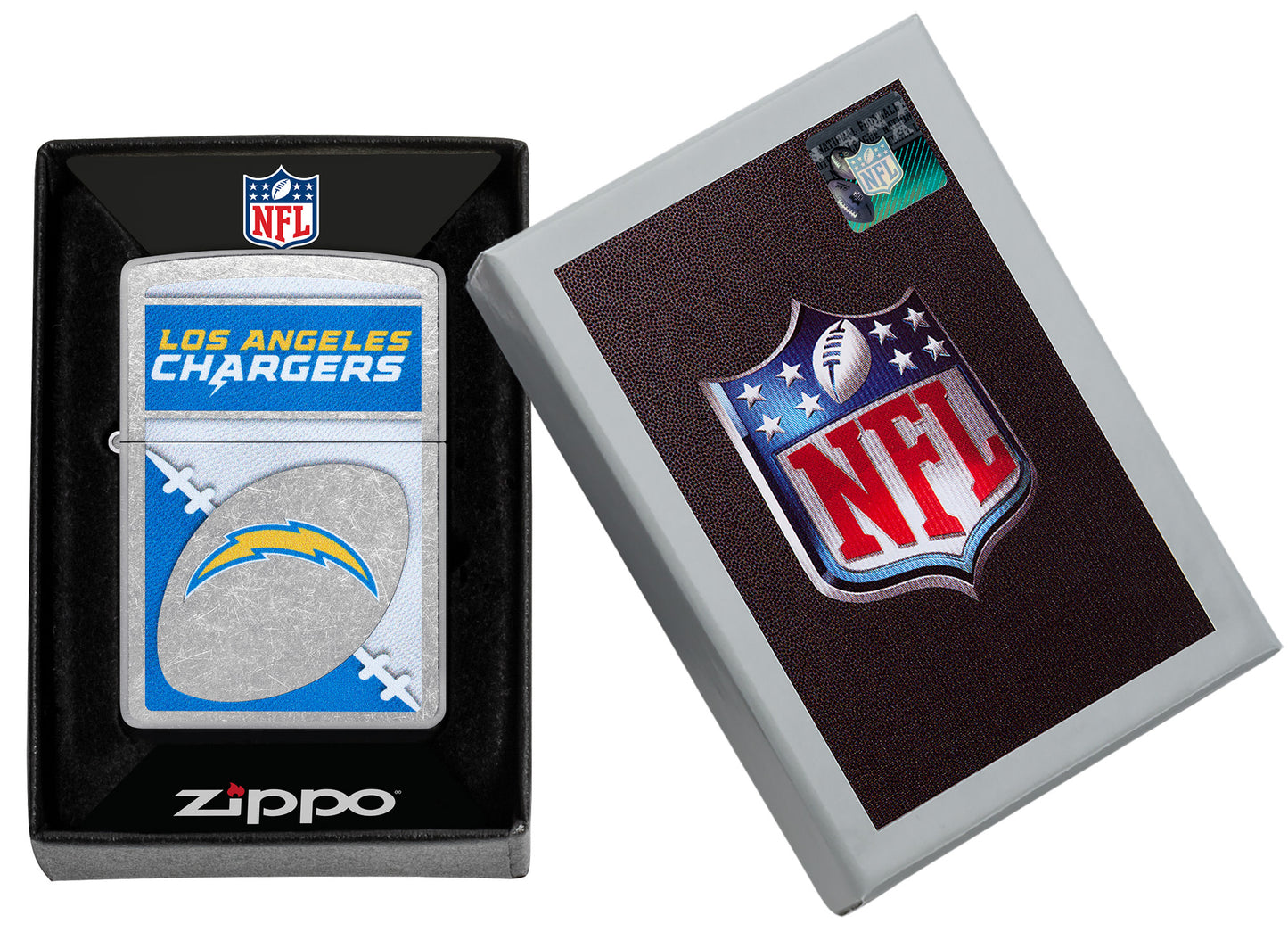 Zippo NFL Los Angeles Chargers Street Chrome Windproof Lighter in its packaging.