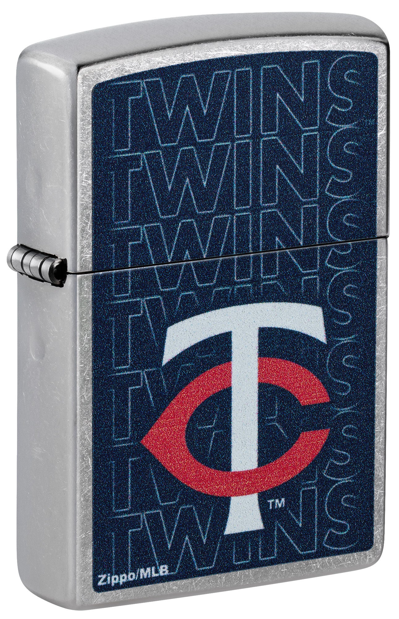 Front shot of Zippo MLB® Minnesota Twins Street Chrome Windproof Lighter standing at a 3/4 angle.