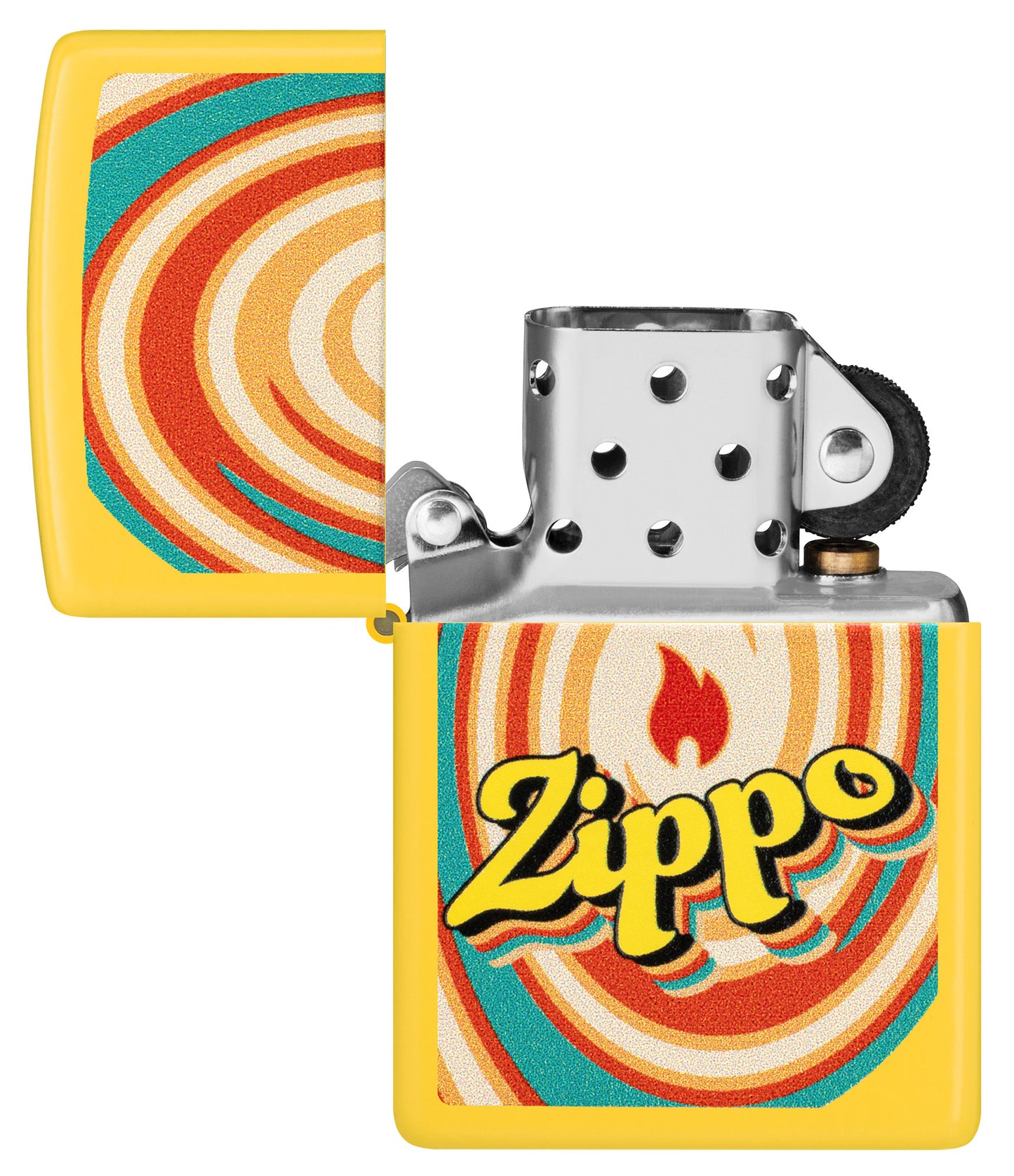 Zippo Swirls Design Sunflower Windproof Lighter with its lid open and unlit.