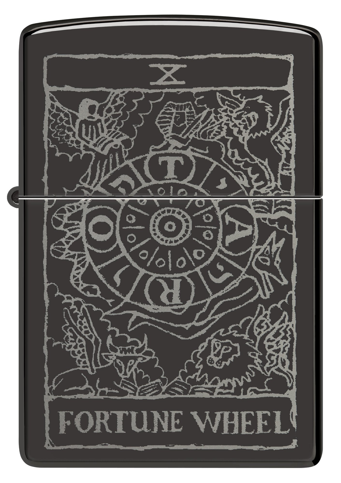 Front view of Zippo Wheel of Fortune Design High Polish Black Windproof Lighter.