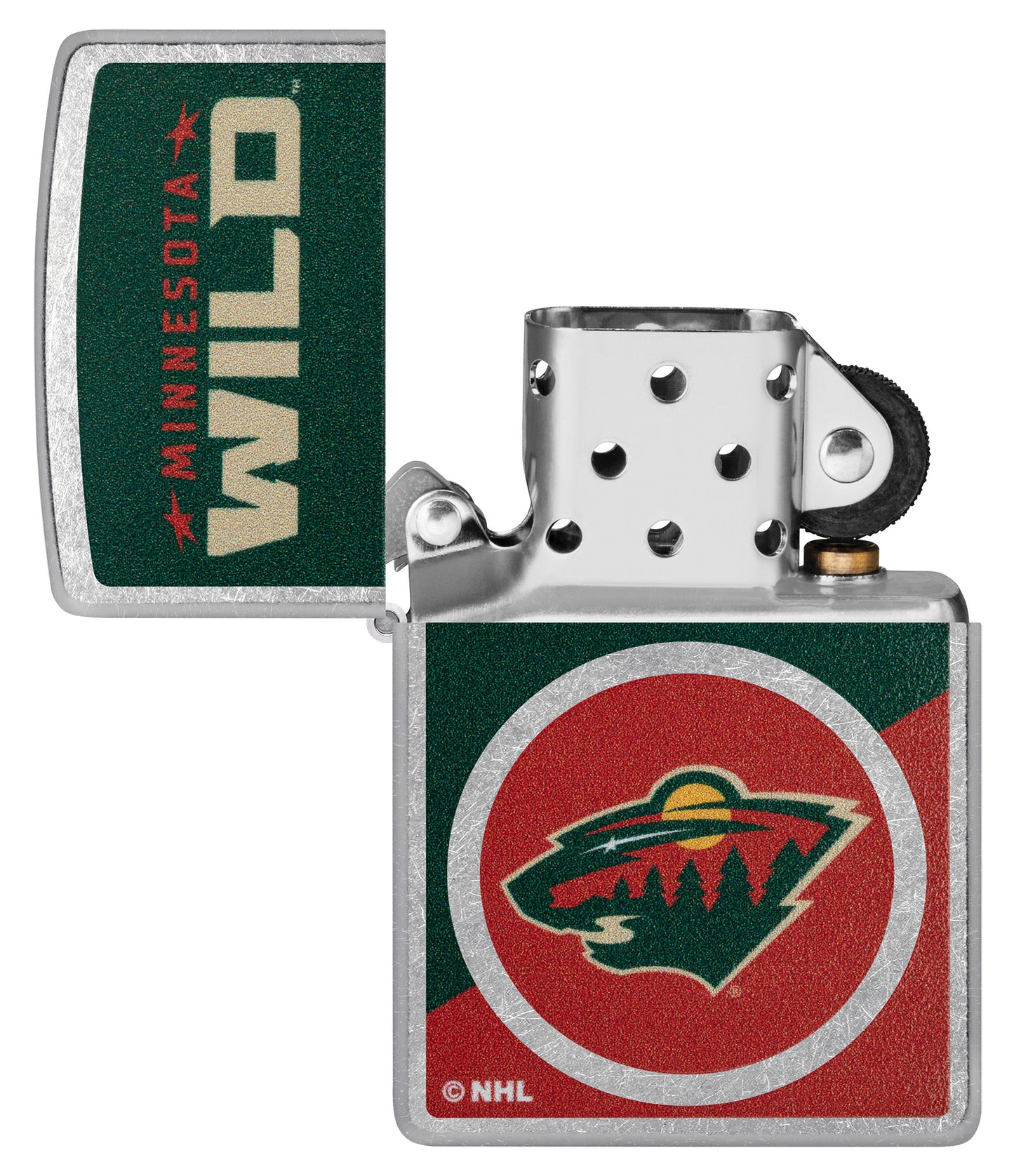 Zippo NHL® Minnesota Wild® 2024 Street Chrome™ Windproof Lighter lit in hand.