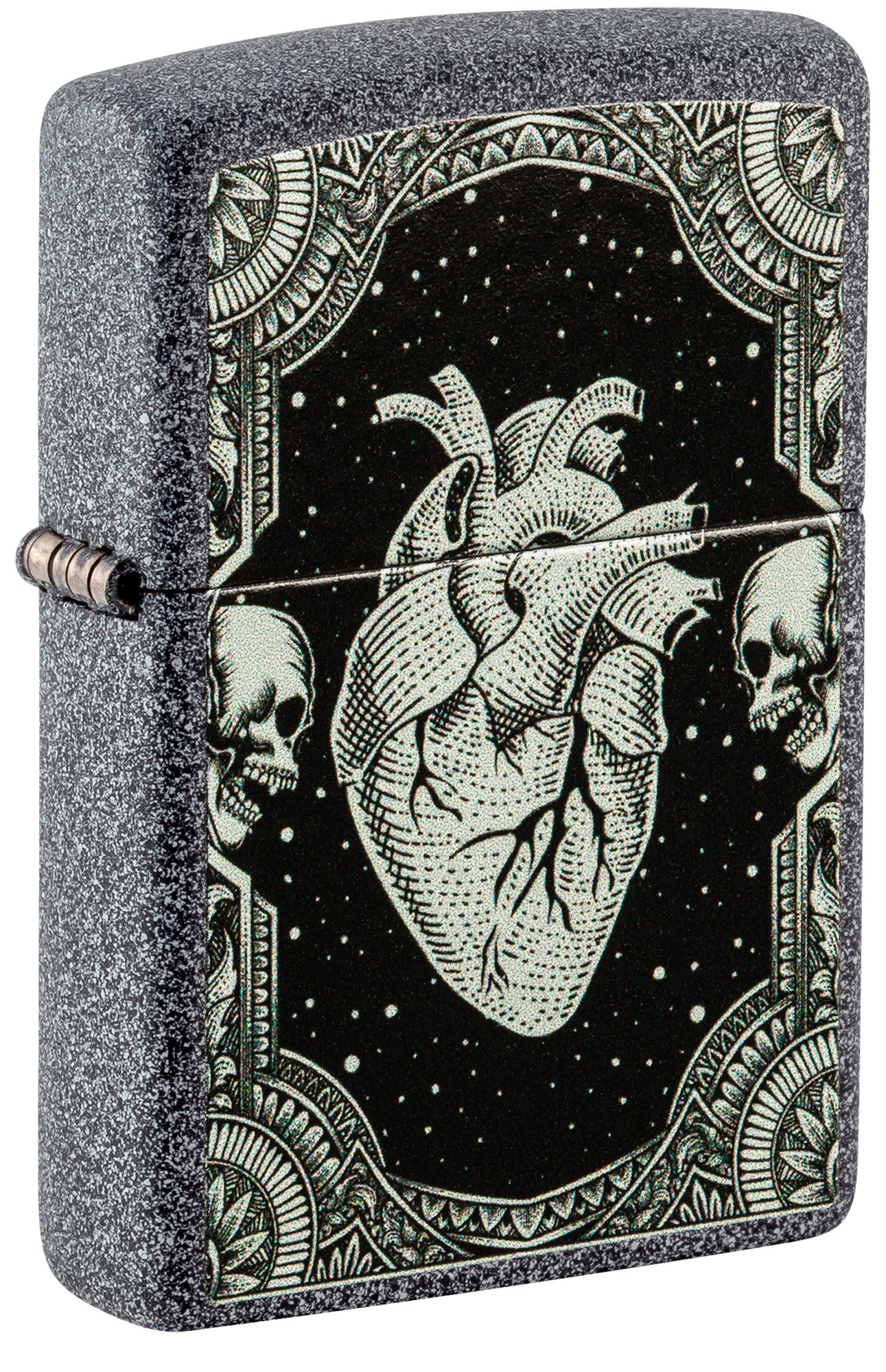 Front shot of Zippo Heart Design Iron Stone Pocket Lighter standing at a 3/4 angle.