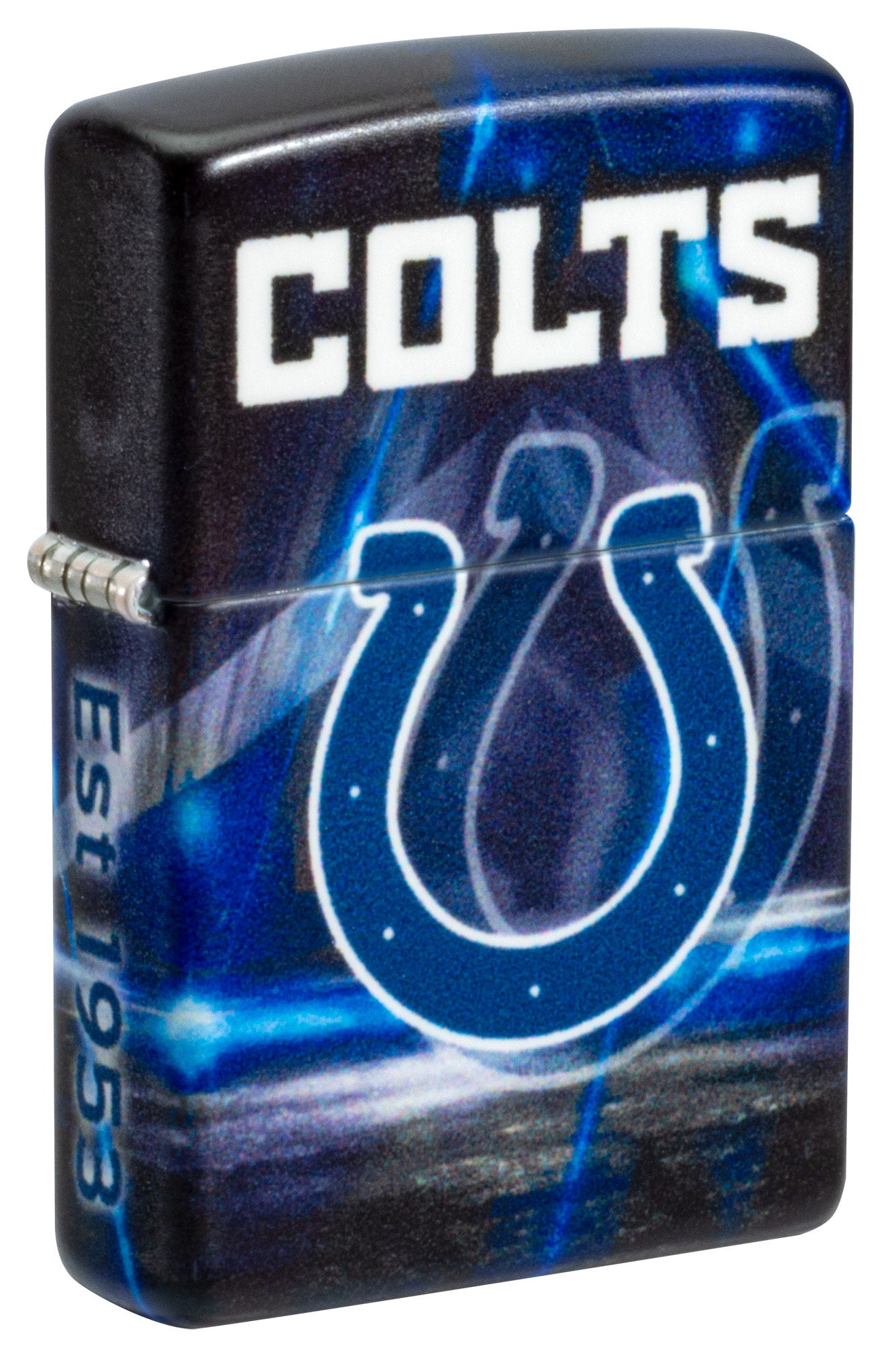 Front shot of Zippo NFL Indianapolis Colts 540 Matte Windproof Lighter standing at a 3/4 angle.