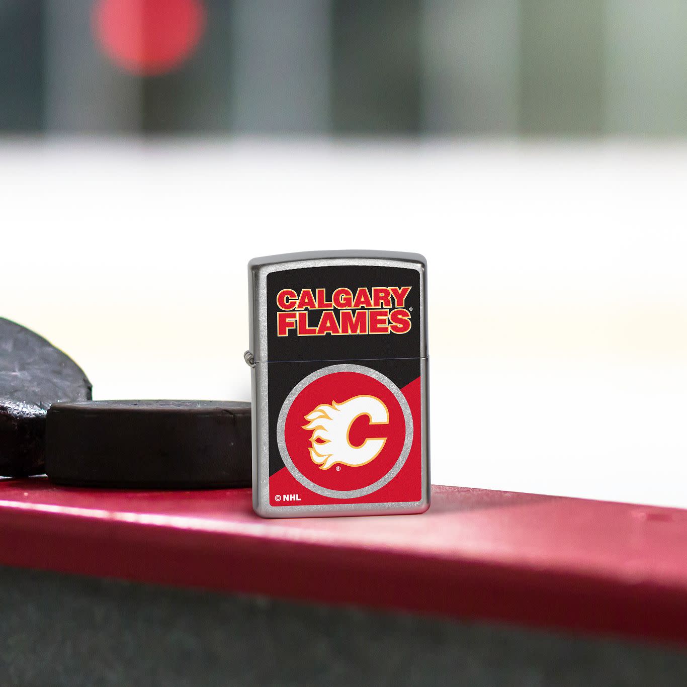 Front view of Zippo NHL® Calgary Flames® 2024 Street Chrome™ Windproof Lighter.