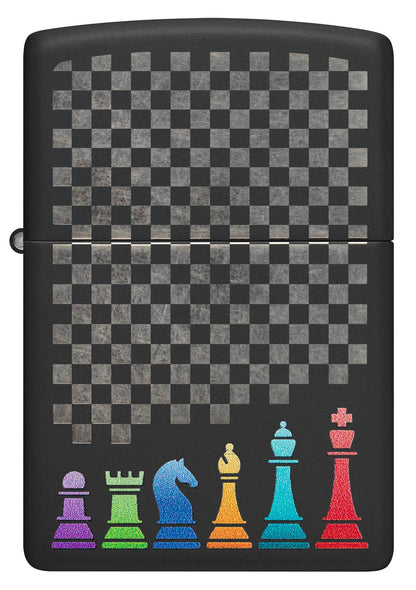 Front view of Zippo Chess Pieces Design Black Matte Windproof Lighter.