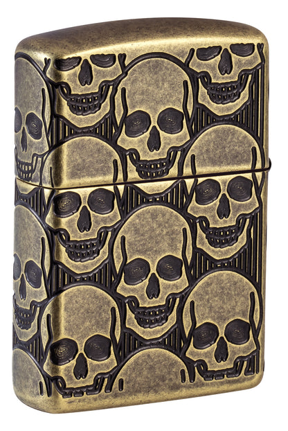 Back shot of Zippo Cackling Cranium Design Armor® Antique Brass Windproof Lighter standing at a 3/4 angle.