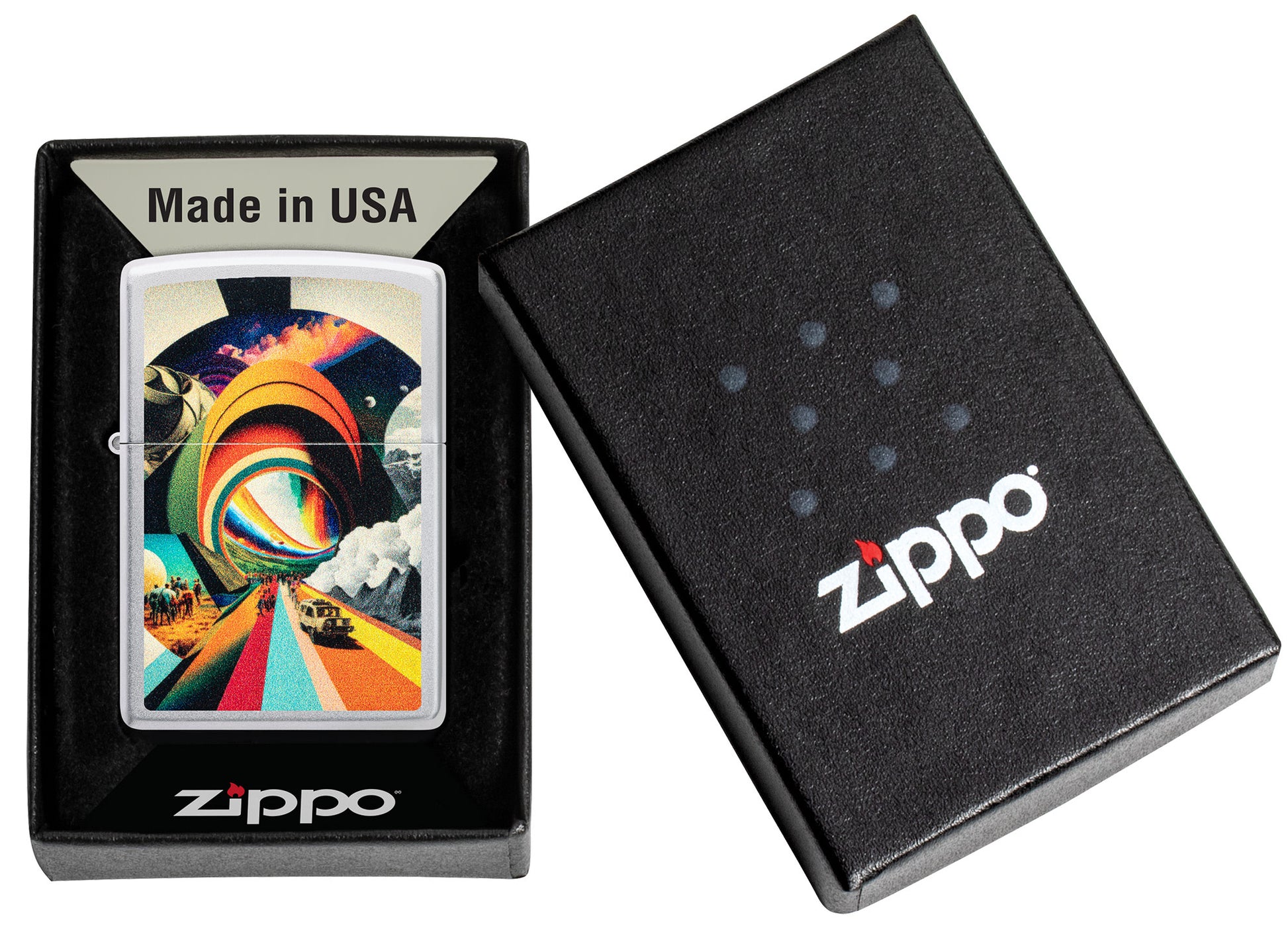 Zippo Trippy Travel Design Satin Chrome Windproof Lighter in its packaging.