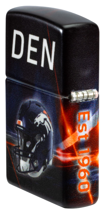 Angled shot of Zippo NFL Denver Broncos 540 Matte Windproof Lighter showing the back and hinge sides of the lighter.