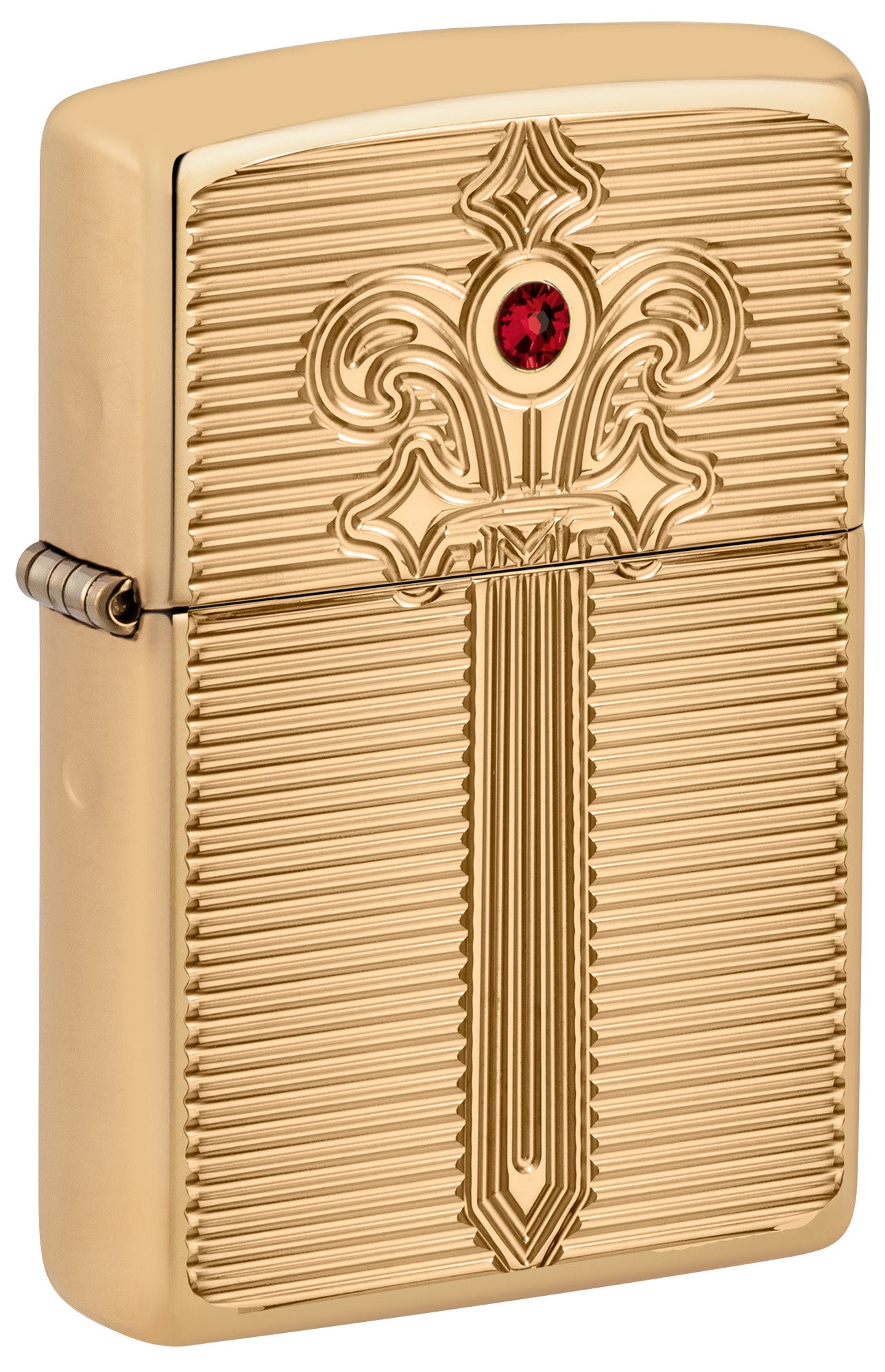 Front shot of Zippo Royal Saber Design ArmorÂ® High Polish Brass Windproof Lighter standing at a 3/4 angle.