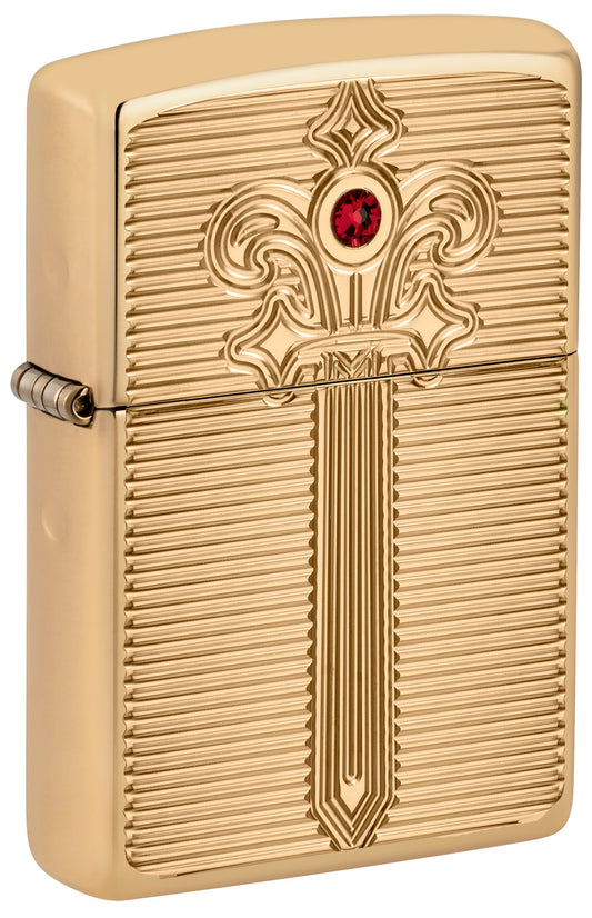 Front shot of Zippo Royal Saber Design Armor® High Polish Brass Windproof Lighter standing at a 3/4 angle.