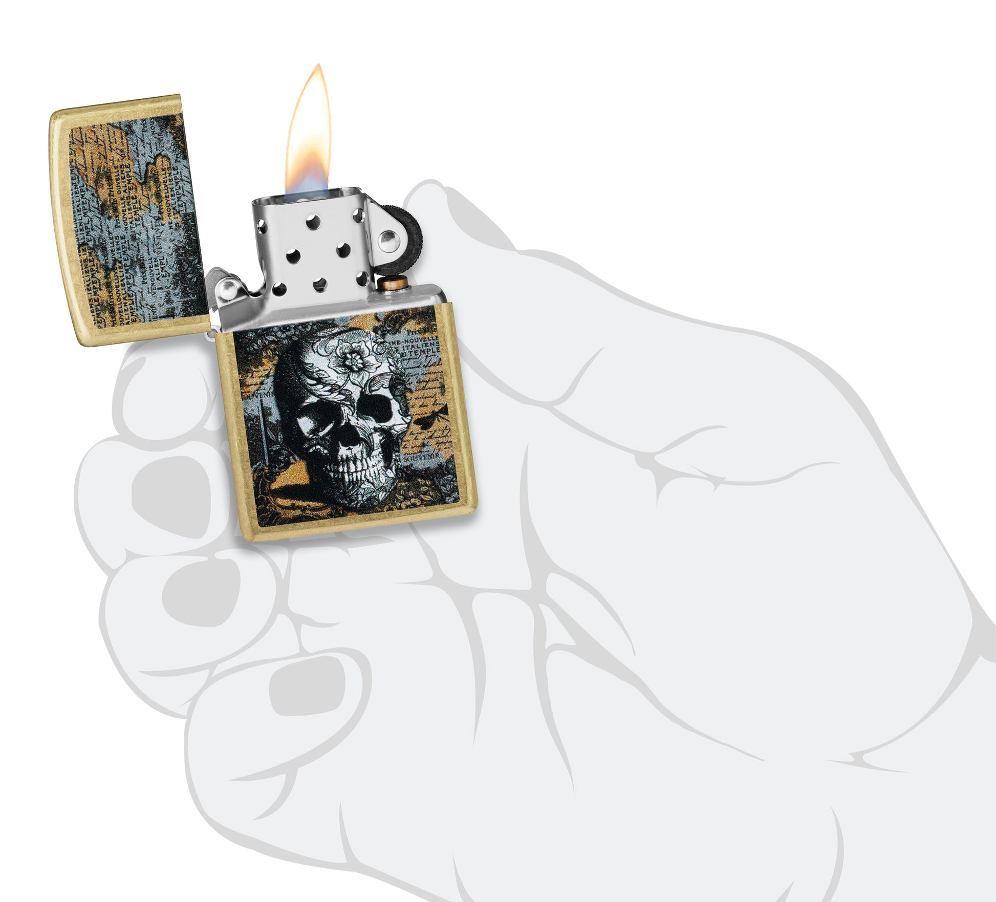 Zippo Floral Skull Design Street Brass Windproof Lighter lit in hand.