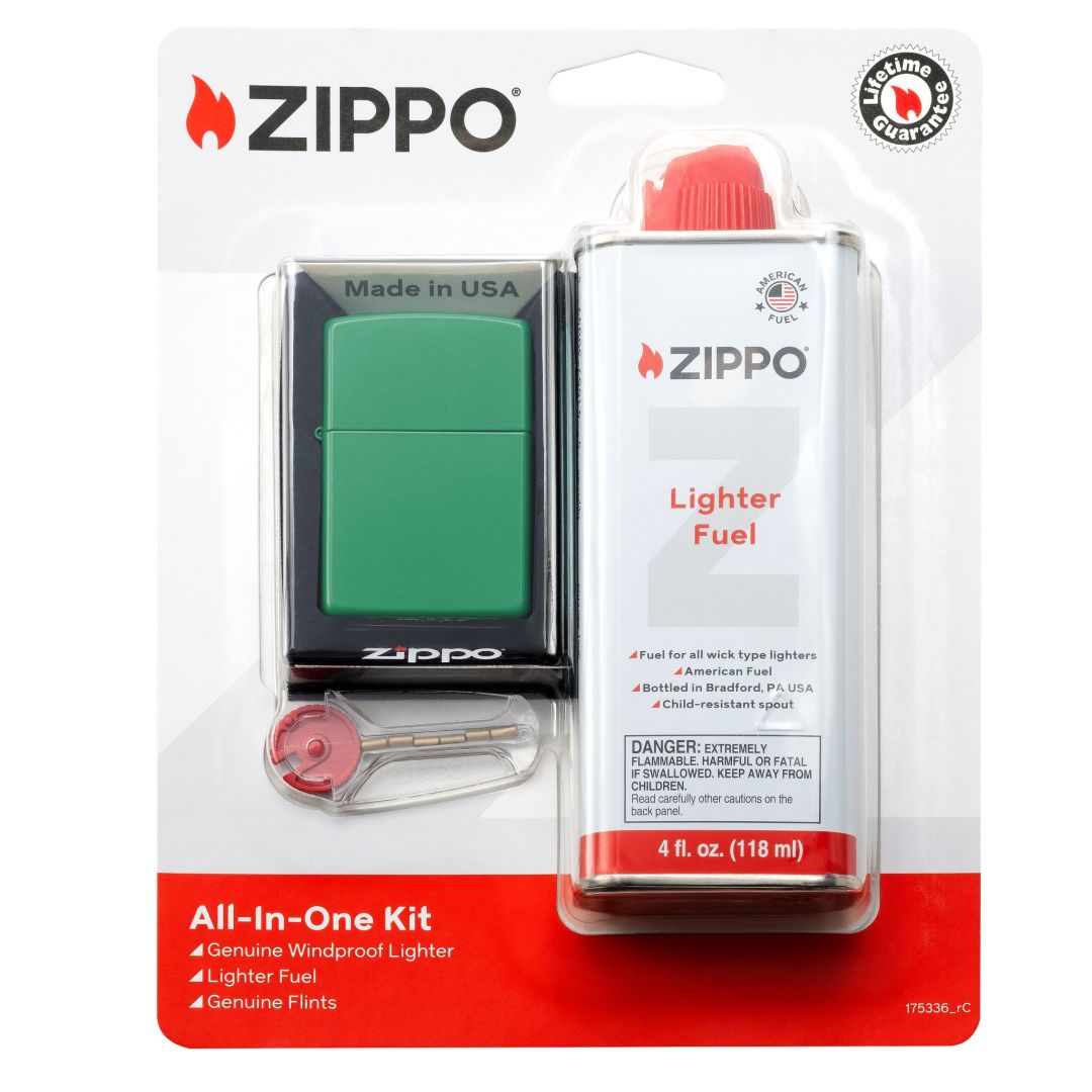 Zippo All-In-One Gift Set with Classic Grass Green Matte Windproof Lighter in its packaging

