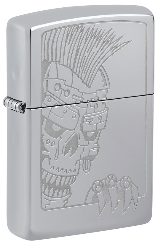 Front shot of Zippo Mohawk Skull Design High Polish Chrome Windproof Lighter standing at a 3/4 angle.