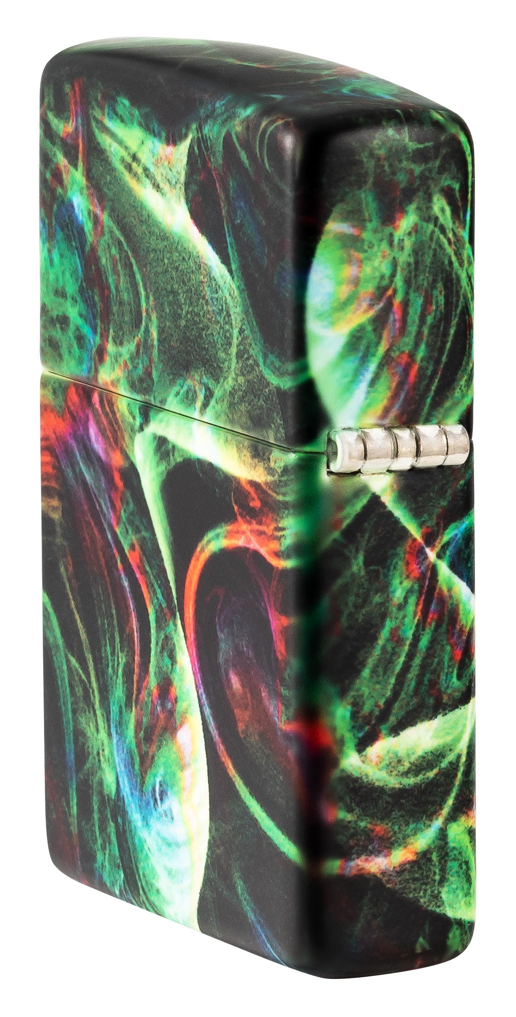 Angled shot of Zippo Psychedelic Swirl Design Glow in the Dark Green Matte Windproof Lighter showing the back and hinge side of the lighter.