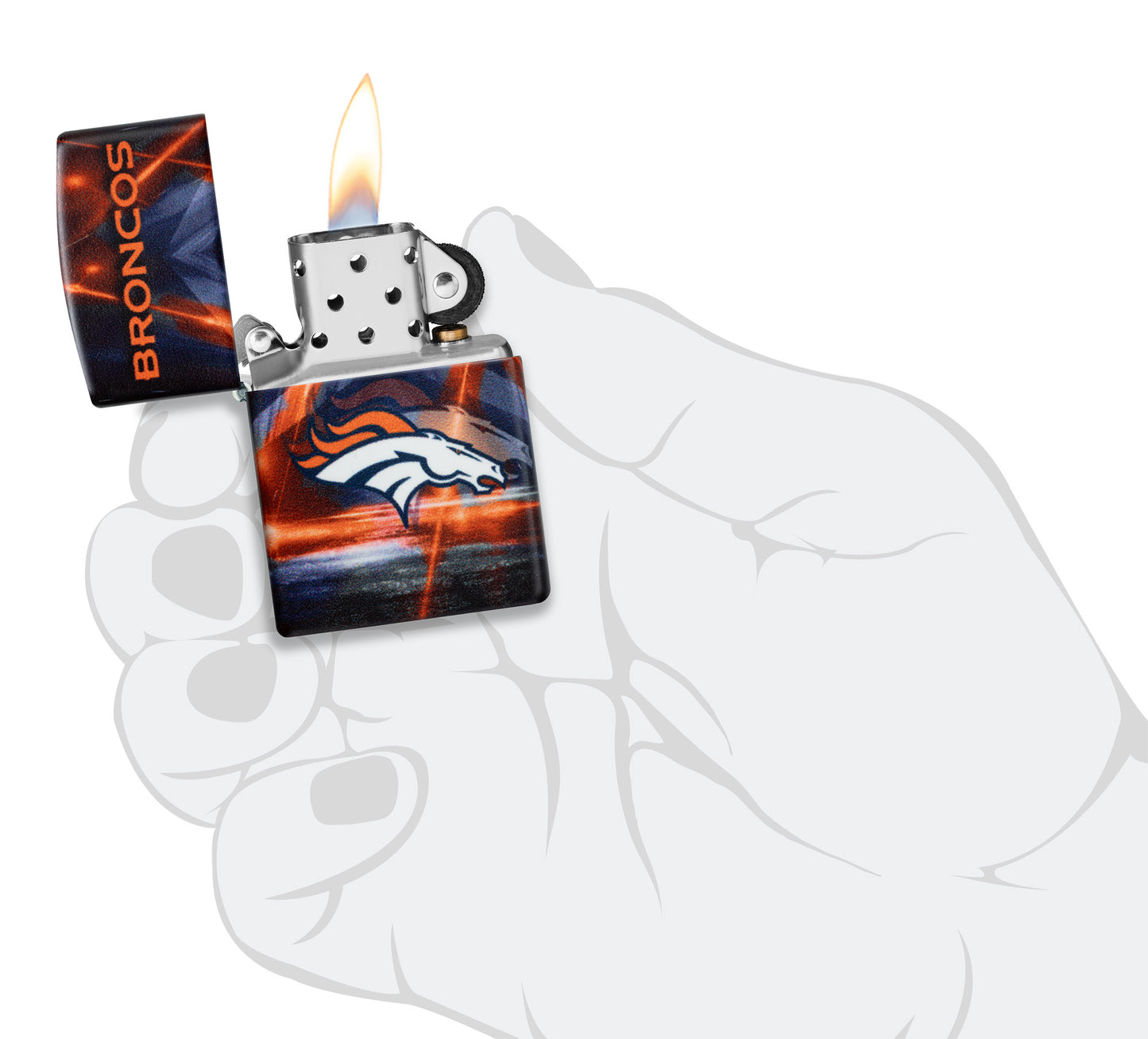 Zippo NFL Denver Broncos 540 Matte Windproof Lighter lit in hand.