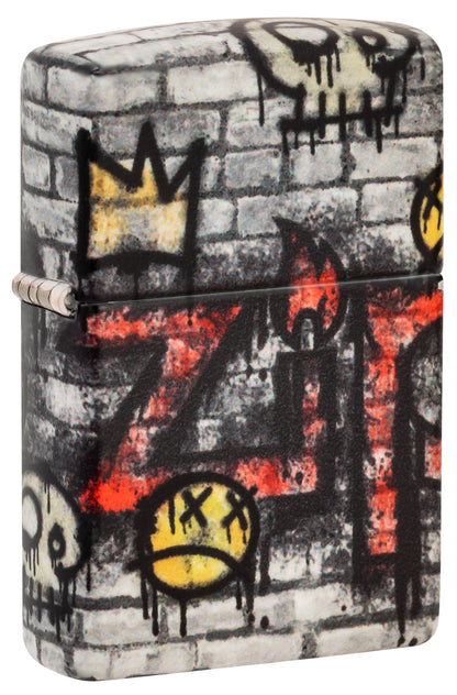 Front shot of Zippo Graffiti King Design 540 Matte Windproof Lighter standing at a 3/4 angle.