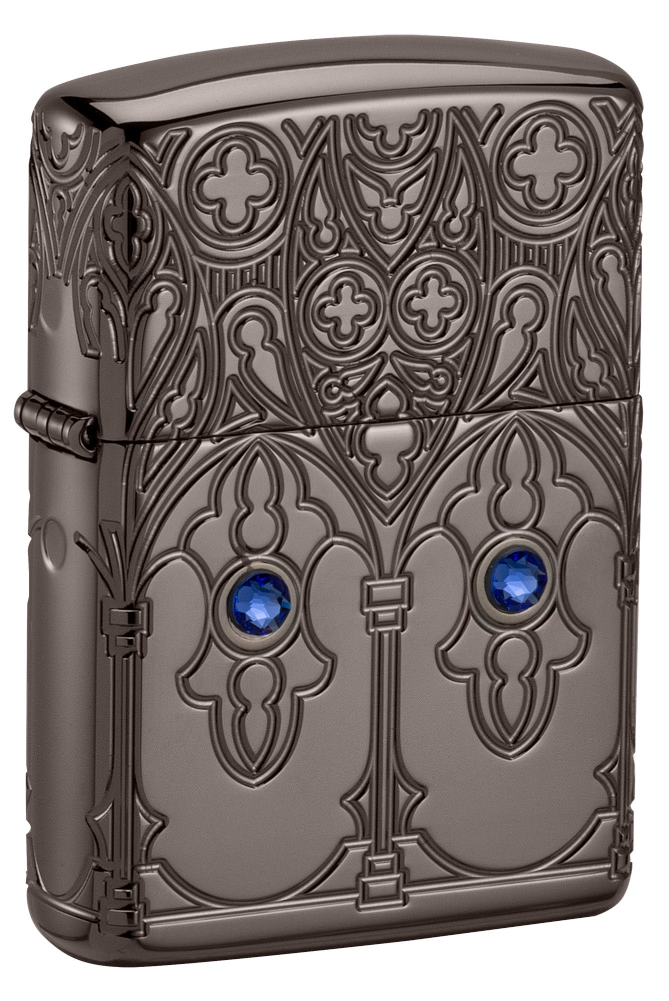 Front shot of Zippo Gothic Window Design Armor® Black Ice® Windproof Lighter standing at a 3/4 angle.