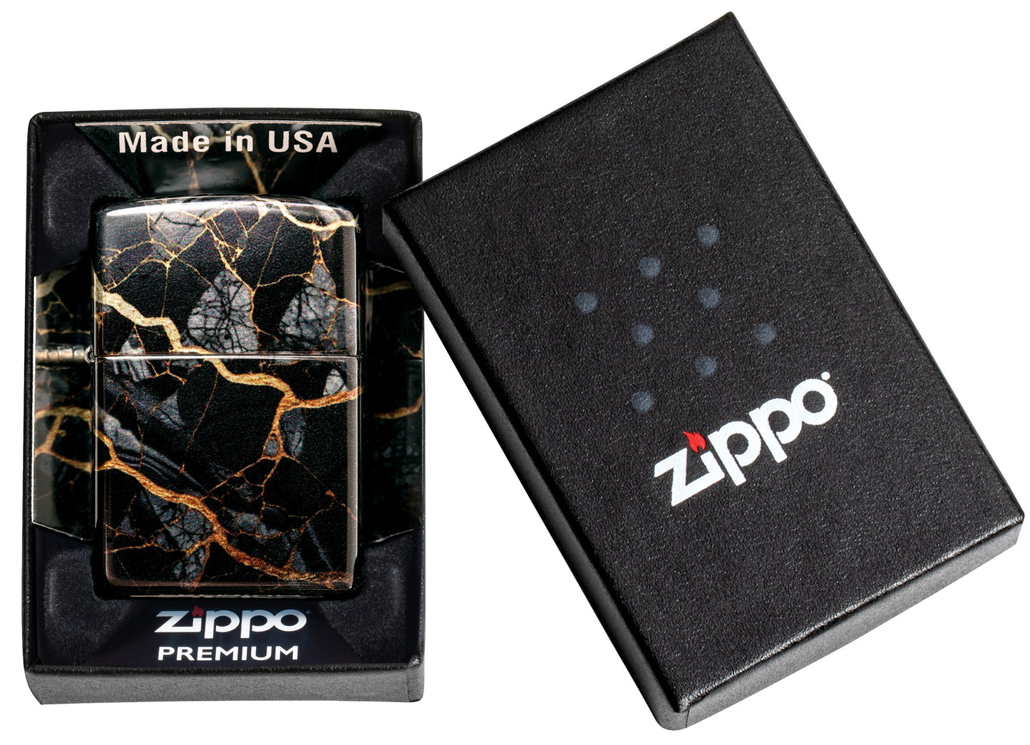 Zippo Fusion Marble Design 540 Tumbled Chrome Windproof Lighter in its packaging.