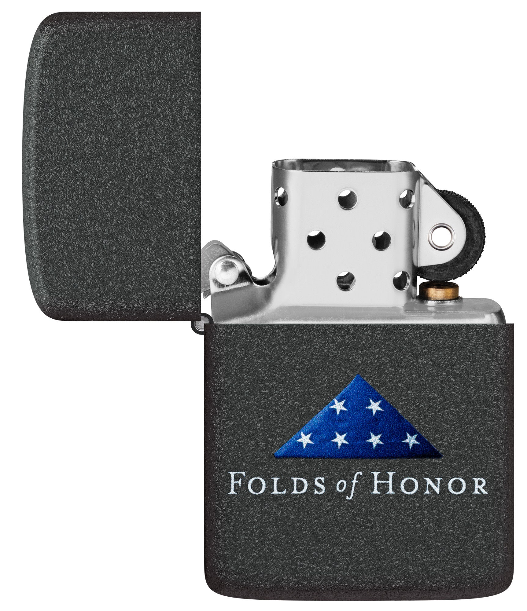 Zippo Folds of Honor Black Crackle Windproof Lighter with its lid open and unlit.