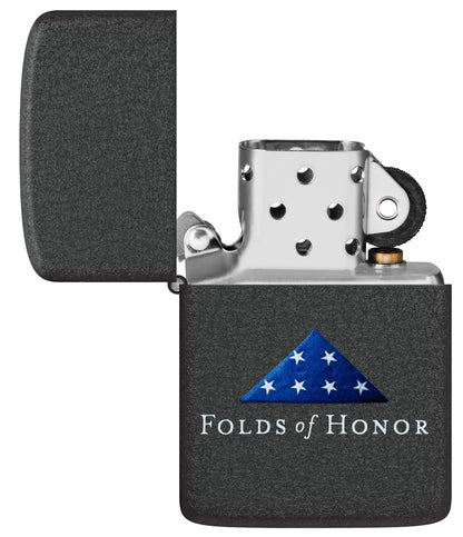 Zippo Folds of Honor Black Crackle Windproof Lighter with its lid open and unlit.