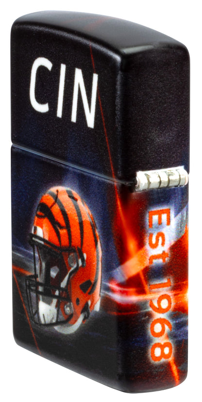 Angled shot of Zippo NFL Cincinnati Bengals 540 Matte Windproof Lighter showing the back and hinge sides of the lighter.