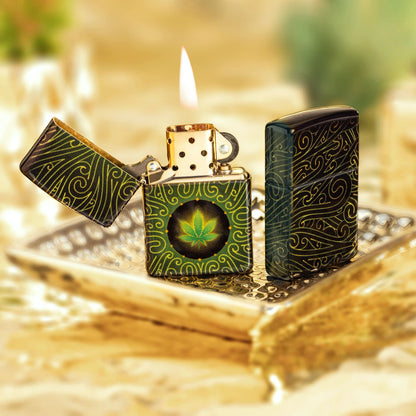 Lifestyle image of two Zippo Cannabis Maze Design 540 Tumbled Brass Windproof Lighters standing in a gold tray, one showing the front of the lighter and the other showing the back.