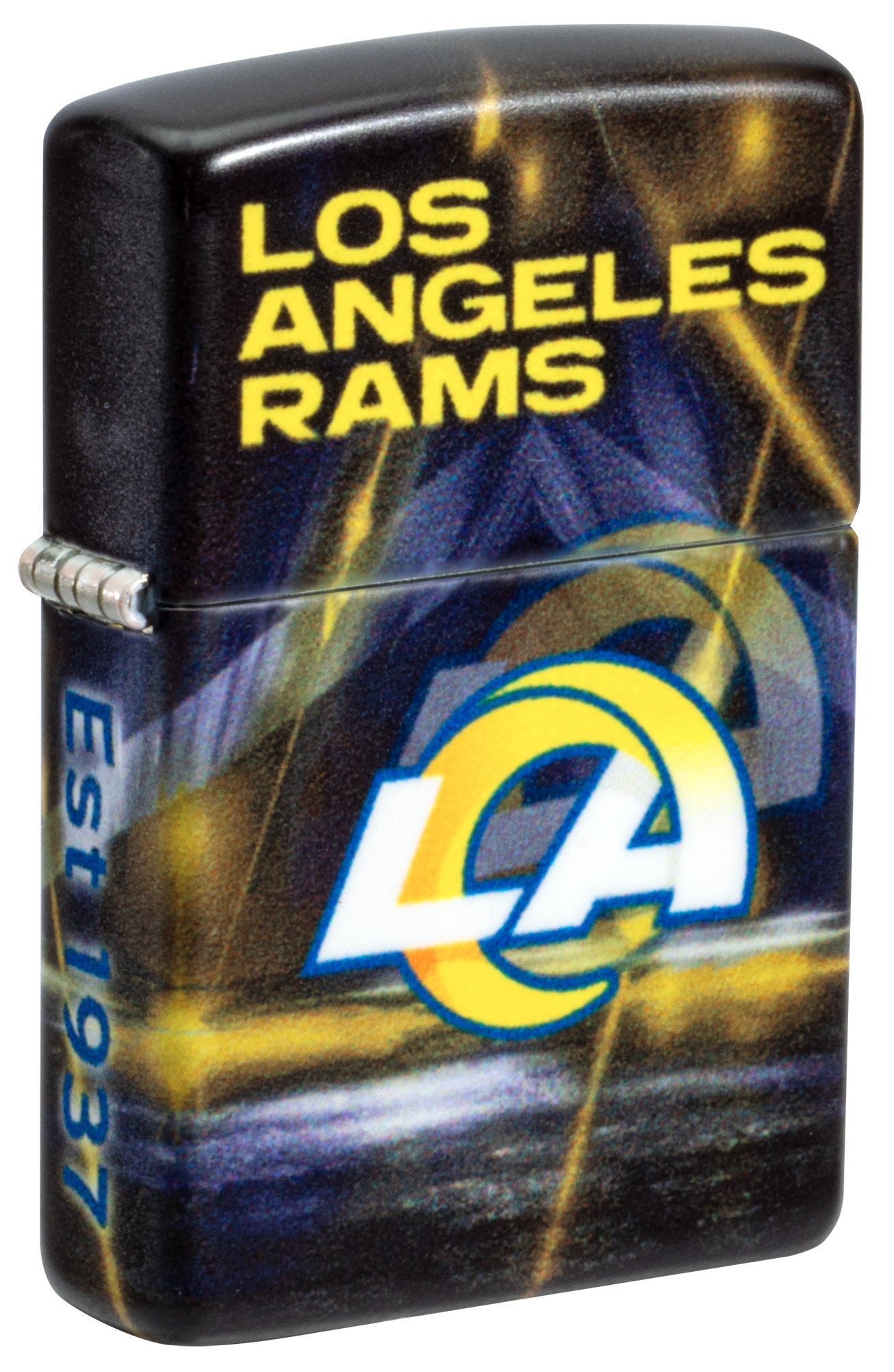 Front shot of Zippo NFL Los Angeles Rams 540 Matte Windproof Lighter standing at a 3/4 angle.