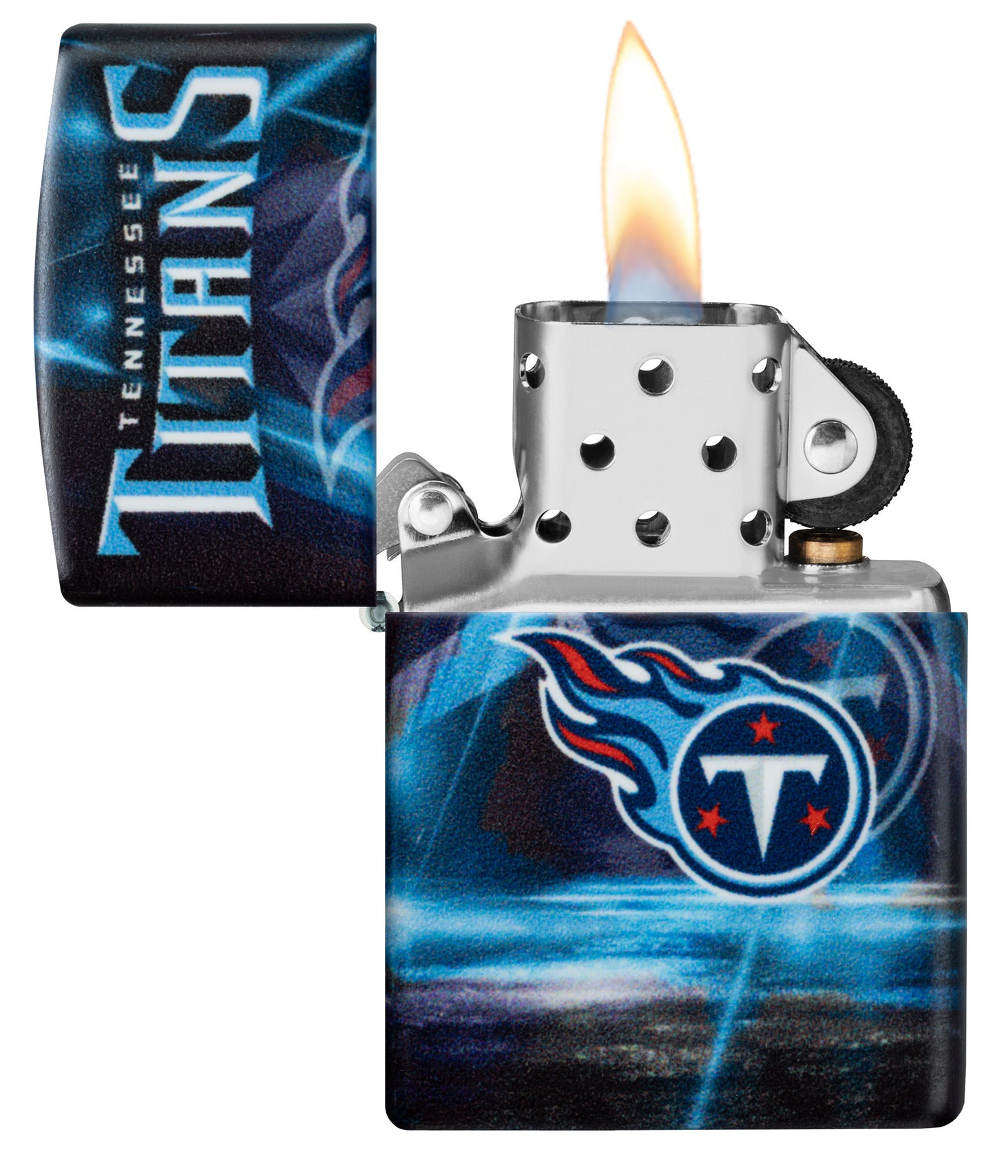 Zippo NFL Tennessee Titans 540 Matte Windproof Lighter with its lid open and lit.